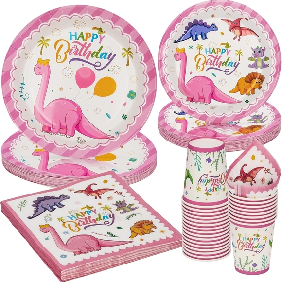 Dinosaur Birthday Party Supplies Disposable Tableware Set - Pink - Picture 1 of 5